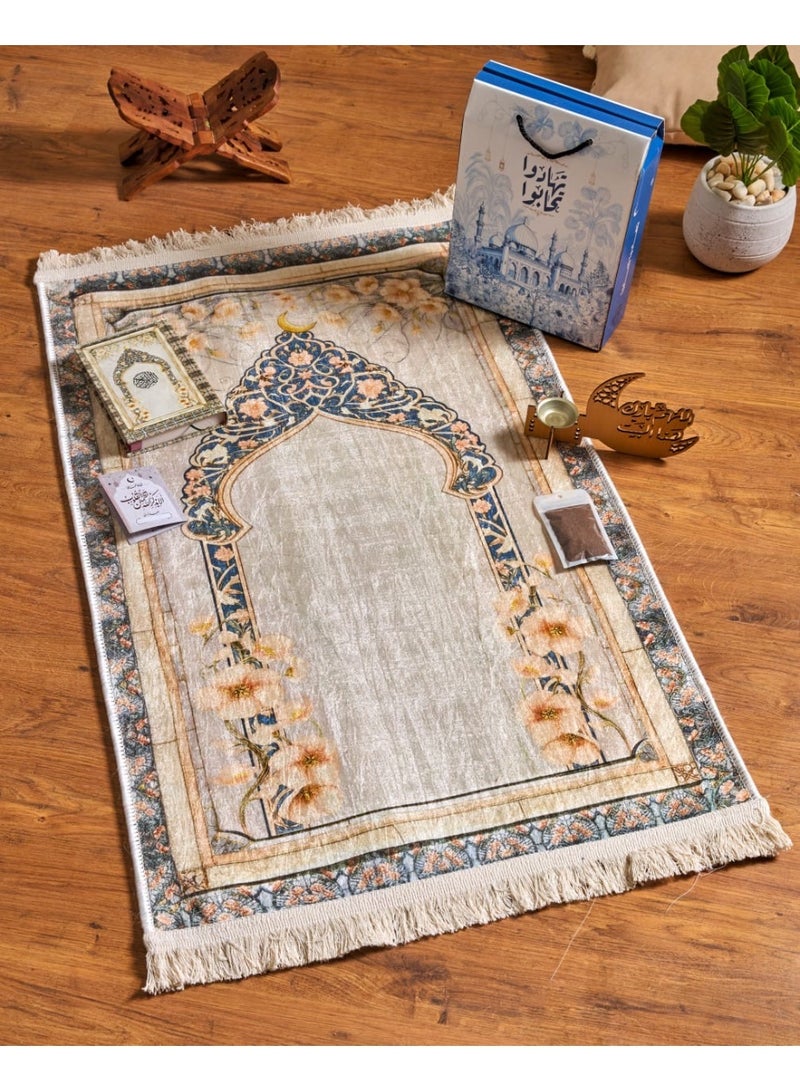 بوكس تهادوا تحابوا(سجادة صلاة قطيفة عالية الجودة مقاس ١١٠ سم × ٦٥ سم تقريباً مصحف نفس لون السجادة ومبخره خشب بتصميم شيك وكيس بخور وكارت اذكار للصباح والمساء و بعد الصلاه)